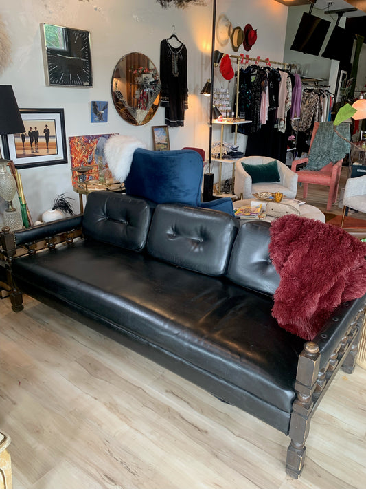 Mission Black Leather and Wood Sofa